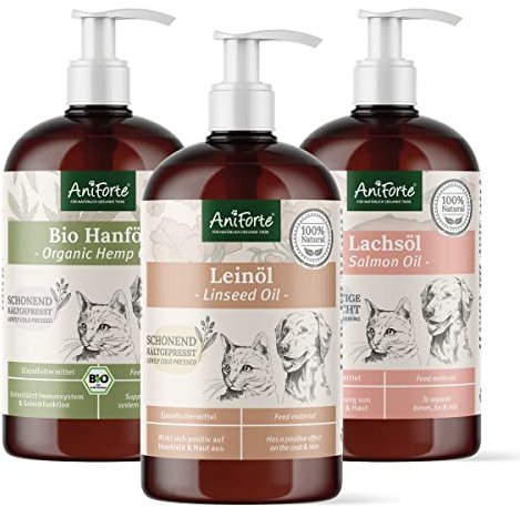 AniForte Barf-Öl Set 3 je 500ml Bio Hanföl, Lachsöl & Leinöl für Hunde & Katzen – Barf Zusatz Öle, kaltgepresst & natürlich ohne Zusätze, Barföl reich an Omega 3 & 6 Fettsäuren, Futter Zusatz
