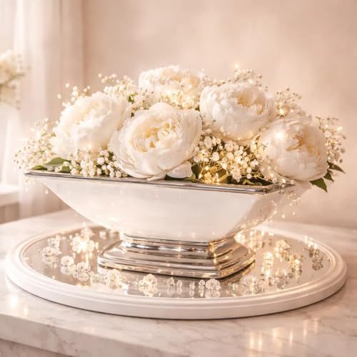 Dekoschale Keramik 25 cm Weiß Silber Obstschale Tischdeko Schale modern Tafelaufsatz Blumenschale Bonbonschale Hochzeitsdeko Vintage Keramikschale Pflanzgefäße Silberschale Blumengefäß Nostalgie