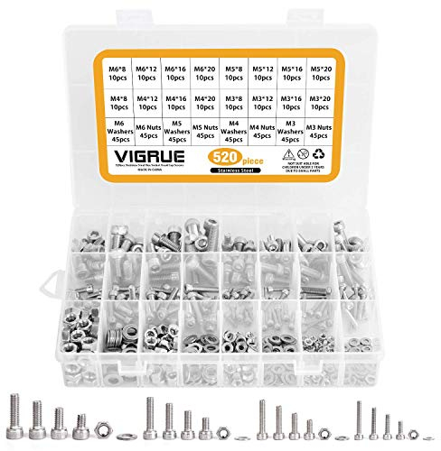VIGRUE 520PCS M3 M4 M5 M6 A2-70 Edelstahl-Sechskopf-Knopf Schrauben Edelstahlschrauben Innensechskant Maschinenschrauben Schraube Muttern und Unterlegscheiben Sortiment Kit mit Aufbewahrungsbox