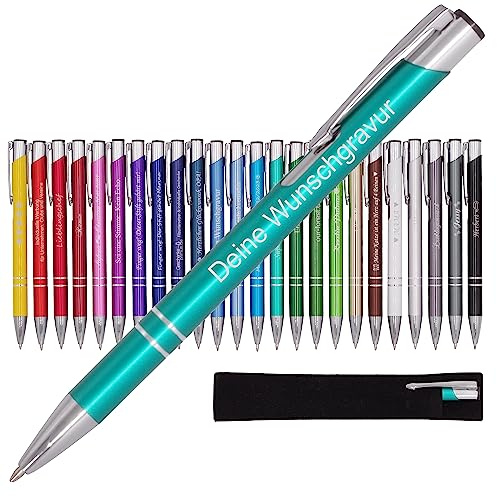 BIASTO Kugelschreiber mit Gravur – personalisierter Metall Kugelschreiber mit Wunschtext – Stift mit Namen – Gravur für Rechts- oder Linkshänder – Aquamarin