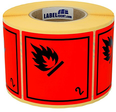 Labelident Gefahrgutaufkleber 100 x 100 mm - Gefahrgutetiketten Klasse 2.1 - Gase und gasförmige Stoffe - 1.000 Etiketten auf 1 Rollen, Papier rot-schwarz