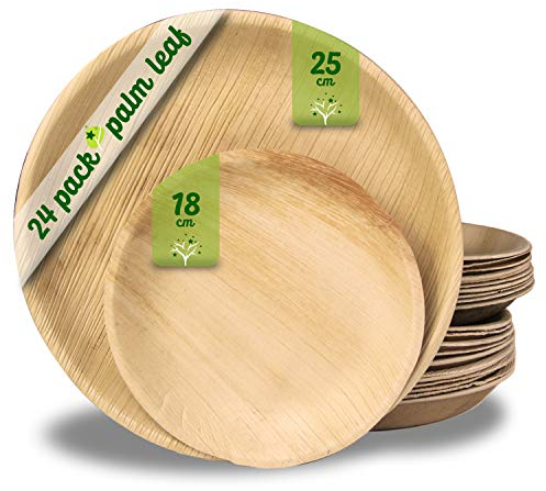 Plates Jetables en Feuille de Palmier 24 Assiettes Rondes 25 cm et 18 cm. Vaisselle pour barbecues, pique-niques et Fêtes d’anniversaire, Similaire au bambou, plus solide que les assiettes en papier