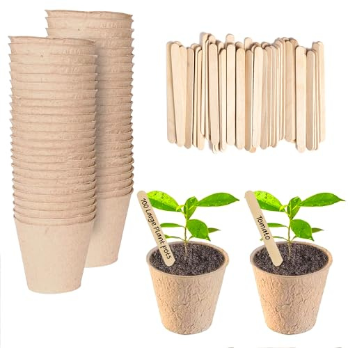 Green Thumbz Plant Pots - 100 Pack (8cm) Fibre Pots for Seedlings with Wooden Labels for Easy Transplanting - Large Plant Pots for Seedlings, Vegetables, Flowers and Herbs