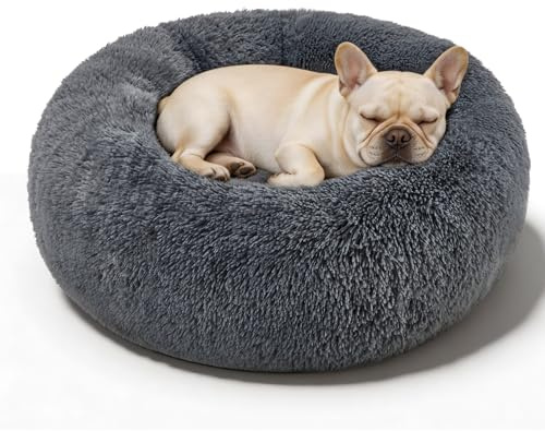 Kimpets Kuscheliges Hundebett, gemütlich, beruhigend, maschinenwaschbar, für kleine Hunde, niedlich, flauschig, Anti-Angst, 40 cm, bis zu 7 kg, gemütlich und bequem für kleine Hunde | Donut-Hundebett aus rutschfestem Kunstfell, kuschelig, bis zu 6,8 kg, 50,8 cm, Dunkelgrau