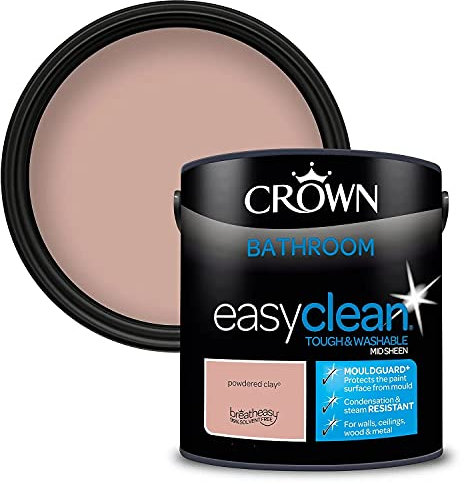 2.5L CROWN Easyclean Bathroom MID-SHEEN Emulsion Multi Surface Paint With MOULDGUARD+ That can be Used on Walls, Ceilings, Wood and Metal. Stain & Scrub Resistant Formula – Powdered Clay