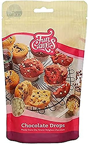 FunCakes Schokoladen Tropfen Weiß: köstliche, stabile Schokoladenchips zum Backen von Kuchen, Cupcakes, Muffins oder Keksen, hergestellt aus echter belgischer Schokolade, Halal. 350 g.