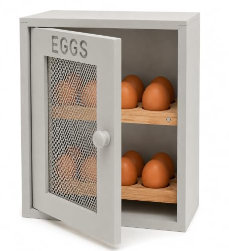 Glow Wooden Egg Cabinet – Stylish 12 Egg Holder Storage Rack with Ventilated Wire Door Mesh Stores Dozen Eggs – Sturdy Free Standing Box for Kitchen Cafe Worktop with Rustic Country Look (Grey)
