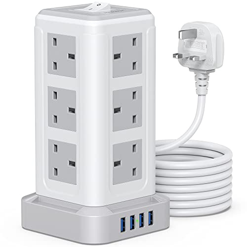 NVEESHOX Extension Lead Surge Protection, 12 Way Power Strip Tower with USB | 4 USB Slots, 5M Extension Cord Multi Plug 3250W 13A Overload Protection for TV Laptops Tablets and Home Office (Light Grey)