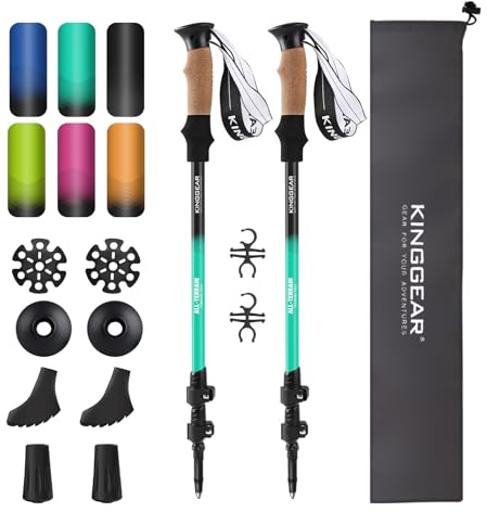 KINGGEAR Nordic Walking Stick, TP1 Hiking Poles Retractable Lightweight 7075 Aluminum, Trekking Poles with Flip Lock, Natural Cork and EVA Grip, 2pc Hiking Gear