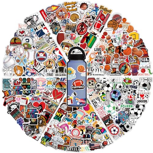 300Pcs Cool Vinyl Mixed Sports Stickers Bulks, Waterproof Water Bottle Stickers for Laptop Scrapbook Journal Helmet, Basketball Football Soccer Ball Hockey Decals for Teens Adults