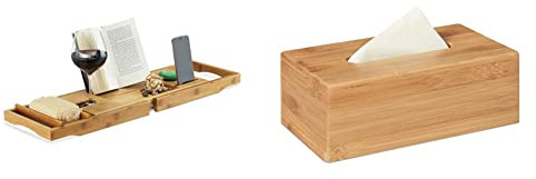 Relaxdays Badewannenablage Bambus, mit Buchstütze und Glashalter, 19x107,5x23cm, Natur & Kosmetiktuchbox, aus Bambus, Box für Kosmetik- & Taschentücher, Tücherbox nachfüllbar, Taschentuchbox, Natur