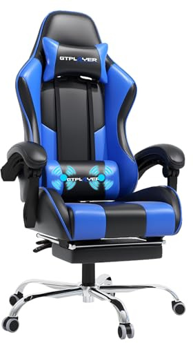 GTPLAYER Gaming Chair, Massage Computer Chairs with Footrest, Headrest and Lumbar Support Height Adjustable Ergonomic 360°-Swivel PC Chair Blue