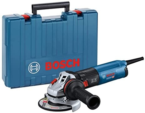 Bosch Professional Winkelschleifer GWS 14-125 S (inkl. Zusatzhandgriff, Schutzhaube, Trennschutzhaube, Zweilochschlüssel, Aufnahmeflansch, Spannmutter, Handwerkerkoffer)
