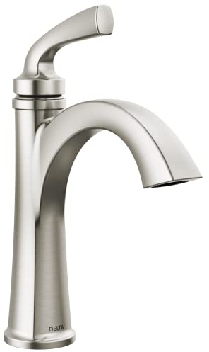 Delta Geist Brushed Nickel Bathroom Faucet 1 Hole, Single Hole Bathroom Sink Faucet for Vanity, Push-Pop Drain Assembly, SpotShield Brushed Nickel 15864LF-SP