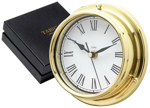 Tabic Classic Brass Roman Wall Clock, Heavy Lacquered Brass (1/2kg), Qaulity Timepiece for Any Home Decor, Great Gift, Handmade in England 155mm x 50mm