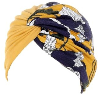 Couvre-chef chimio pour femme - Bonnet turban doux - Motif floral - Toucher coton - Style Alopécie, moutarde, L