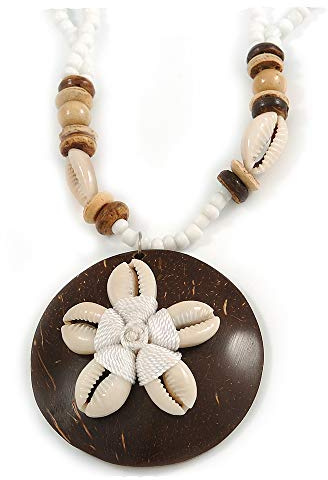 Avalaya Brun/grädde kokosnötskal runt hänge med vitt glas pärla kedja halsband - 41 cm L, Glas Trä coco skal Glas snäckskal Trä