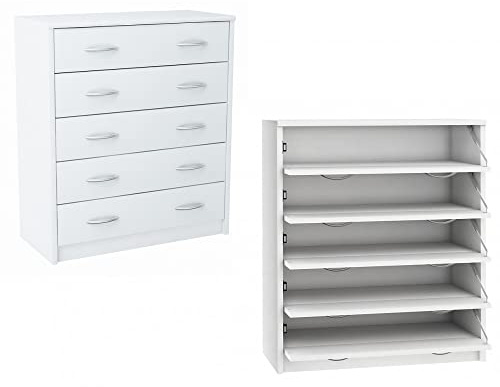 MATKAM Schuhschrank 5S in moderner Optik, B 74 x H 85 x T 35 cm, laminierte Möbelplatte 16 mm, mit Rückwand, 5 ausklappbare Schuhablagen, Jede mit Zwei Griffen zum Aufmachen (Weiß)
