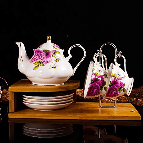 JUNNIU Servizio da tè Floreale Vintage per Adulti Set da tè in Porcellana Britannica Set di Tazze da tè e piattino Set Regalo da caffè in Porcellana Cinese con Supporto per portabicchieri,A (B) (C)