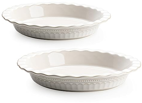 MIKIGEY Ceramic Pie Pan for Baking, 9 inch Pie Pans Set of 2, Round Pie Dish for Dessert Kitchen, Farmhouse Vintage Color Pie Plate, Oven & Dishwasher Safe, Off-White