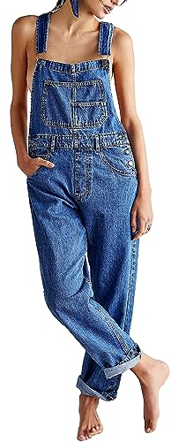 FeMereina Denim Overalls for Women Loose Fit Classic Bib Casual Jean Stretchy Denim Overall Jumpsuit Tapered Leg Jean Pants (Blue, L)