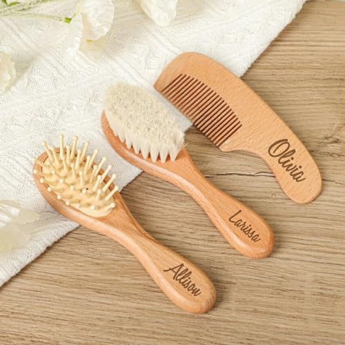 Personalisierte Baby-Haarbürsten aus natürlichem Holz, Babybürsten-Set für Neugeborene, individuelle Geburtstagsblume mit Namen, Holz, Säuglingshaarbürste, Geburt/Taufe/Geburtstag, Babyparty-Geschenke