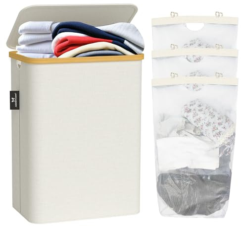 AdelDream Wäschekorb 3 Fächer 160L Bambus Wäschekörbe Wäschesortierer faltbarer Schmutzwäschekorb 3 Fächer wäschesammler laundry basket Hellgrau