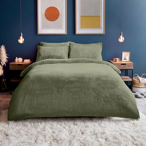 Silentnight Teddy Fleece Bedding - Teddy Bear Fleece Bottom Sheet Duvet Set Warm Cosy Fluffy Winter (Sage, Single, Duvet Set)