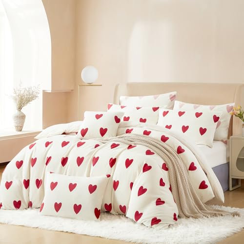 Covebett Ropa de cama de franela de 135 x 200 cm, 4 piezas, color blanco con corazones rojos, para invierno, cálido, de franela de felpa, tacto de cachemira, forro polar, 2 fundas de edredón y 2