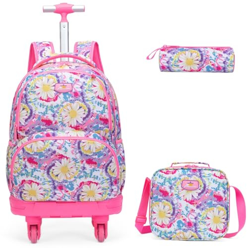 Egchescebo Kids Rolling Backpack for Girls Daisy Suitcases Trolley Roller Luggage Backpacks with 360° Rotating Wheels 15 Laptop Lunch Box Pencil Case for Elementary 18” Travel School Bag Pink