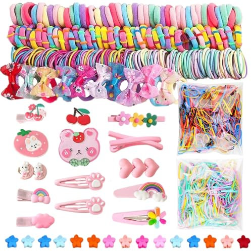 LUFFLOK 1189 Pcs Hair Bands, Colorful Hair Bobbles and Ties, Cute Hair Clips, No Damage Elastic Hair Bands for Girls Kis and Children, Small Hairs Barrettes Hair Accessories Set (Pink)