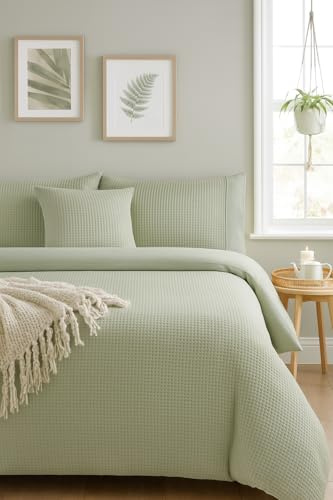 Velosso Waffle Plain Seersucker Bedding Set White Grey Stylish Waffle Weave Texture Duvet Quilt Cover and Pillowcase Set (Sage Green, Double)
