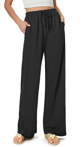 Glacspyg Damen Hosen Flowy Wide Leg Freizeithose Casual Beach Strandhose High Waisted Kordelzug Palazzo Hosen mit Taschen Schwarz XL