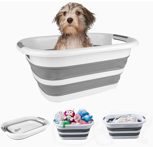 SHJOEE Plegable Bañera para Perros Multifuncional Caja Almacenamiento Cesta Colada Plegable 40L Cesto Ropa Sucia Limpia Cubo Plástico Estanco Organizador Portátil Bañera para Pequeños Medianos y Gatos