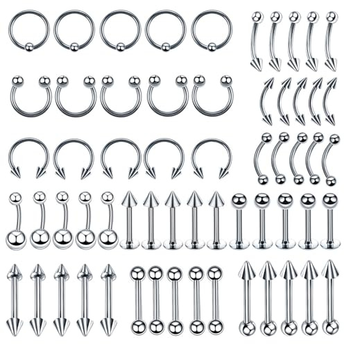 Uwiyo 60 Stück Körperpiercing Kit,16G Edelstahl Lippenpiercing Nasenpiercing Augenbrauenpiercing Zungenpiercing Nippelpiercing Bauchnabelring Ohr Tragus Helix Piercing Schmuck Unisex