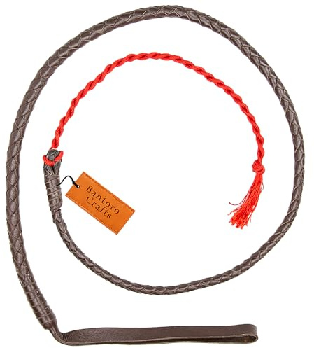 Bantoro Crafts Tissu Coton et Brillant Volpe Frusta - String Caccia Frusta 'Winslow' | Cravache de Chasse à Cheval en Cuir Noir tressé à la Main | Longueur Totale 4 arrêts (Brun foncé)
