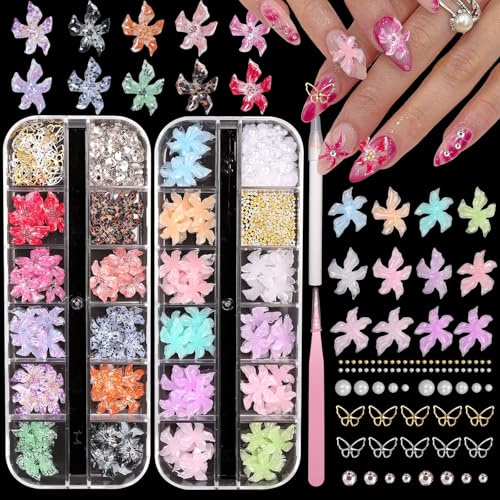 Shimmerz 2 Boxes 3D Nail Soft Flower Charms Set Colours Hibiscus Flower Rhinestone Charms Gradient Soft Lily Nail Jewels Decoration
