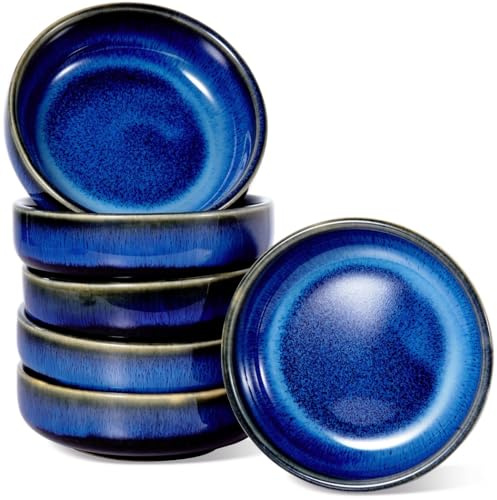 Set di 6 piattini in ceramica per salsa di soia bassa, piccole ciotole per antipasti e dessert, design vintage blu mare