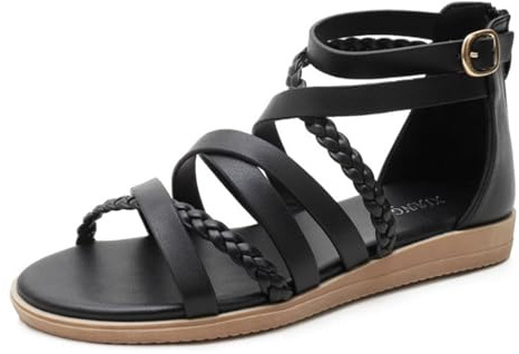OTMYIGO Sandalias Planas para Mujer con Cremallera Trasera y Tiras al Tobillo, Chanclas Romanas Abiertas de Verano, Zapatos de Gladiador para Playa
