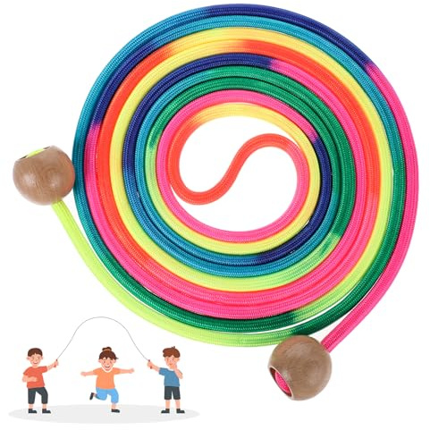 Long Jump Rope for Kids 16 FT Adjustable Skipping Rope Multiplayer Rainbow Jumping Rope with Wooden Ball Handle for School and Outdoor Activities
