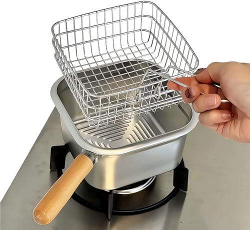 Small Deep Fryer Pot with Basket, Multi-Function Small Pots for Cooking, Stainless Steel Square Ramen Cooker for 1 to 2 People, Works on Gas Stovetop or Induction Cooktop, Dishwasher Safe, 2.6-Quart