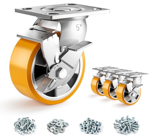 ANDUTEES 5 Inch Heavy Duty Casters Set of 4, Industrial Locking Casters 5000lbs Load Capacity, Plate Swivel Castor Wheels for Heavy Duty Carts, Workbench, Equipment, Platform Truck (Orange)