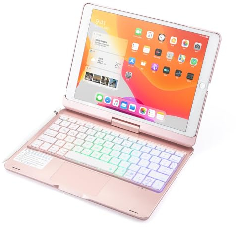 JZCZMCE Funda con Teclado para iPad Pro de 12,9 Pulgadas (3.ª, 4.ª, 5.ª y 6.ª generación), Contiene Ñ, Giratoria 360°, Teclado Retroiluminado de 7 Colores con Trackpad & Soporte para Lápiz,Rosado