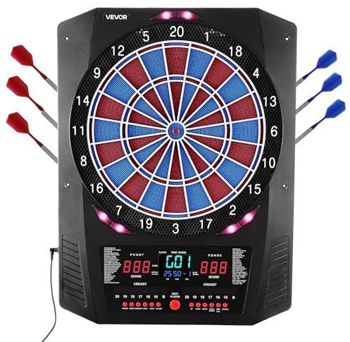 VEVOR Bersaglio Elettronico per Freccette, Bersaglio 336 mm con 45 Giochi e 474 Varianti per un Massimo di 8 Giocatori, 6 Aste per Freccette con Alette e 50 Punte Morbide, Schermo LED a Colori