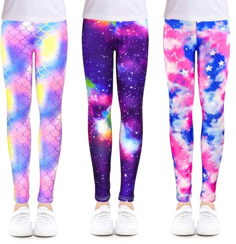 OioTuyi 3-pack flickleggings – färgglada sport- och fritidsbyxor med galax och stjärnmönster, elastiska, ogenomskinliga, storlekar 104–158, Färgglad stjärnhimmel, 128-140