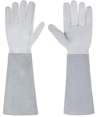 Hdwnand Leder Gartenhandschuhe für Herren und Damen - Lange Rindsleder Arbeitshandschuhe für Haushaltsaufgaben, Schweißen, Gartenarbeit & Ernten (Grau)