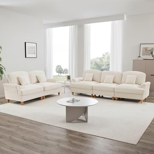 Arhatreya 2-teiliges modulares Wohnzimmer Sofa Set – Klassisches Design mit Trichter Armlehnen, Abnehmbarer Rüschenschürze & spindelförmigen Beinen, 3-Sitzer & 2-Sitzer Loveseat aus Chenille, Weiß