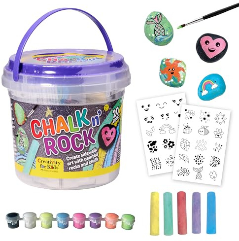 Creativity for Kids Chalk n' Rock Bucket Kit Draw Chalk Designs and Paint 20 Rocks to Build a Colorful Rock Snake A Fun DIY Sidewalk Art and Outdoor Activity for Kids (Ages 6+)