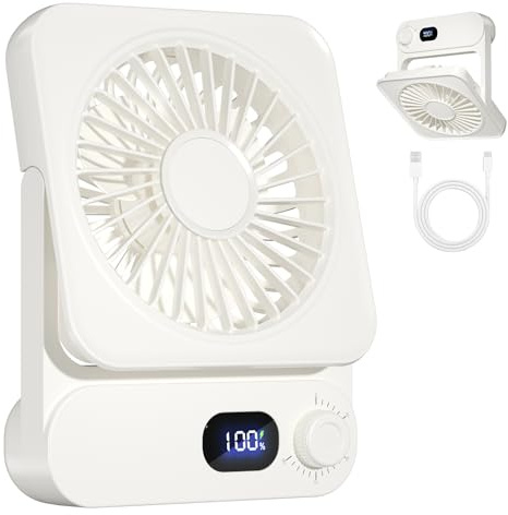 Dealswin Tischventilator Kreuzfahrtschiff-zugelassener Ventilator Sehr Leise Stufenlos 100 Regler mit LED-Anzeige Tragbarer USB 3600mAh Akku Mini Ventilator für Schlafen, Büro, Heim, Reisen (Weiß)