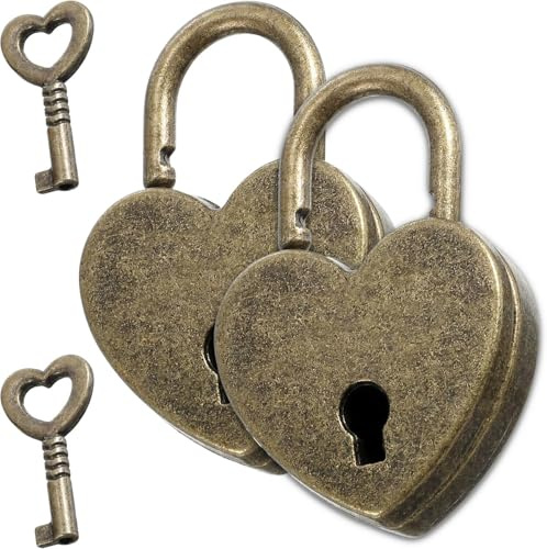 ZIOYANE Vorhängeschloss Antik Messing Mini-Herzform mit Schlüssel 2 Stück | Für Tagebücher, Für Schränke, Für Gepäck